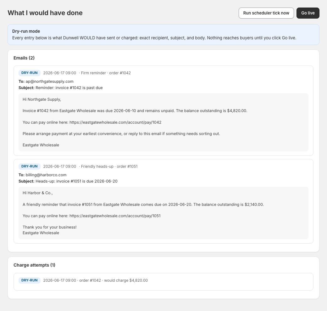 Dunwell dry-run preview listing the exact emails and charges that would go out