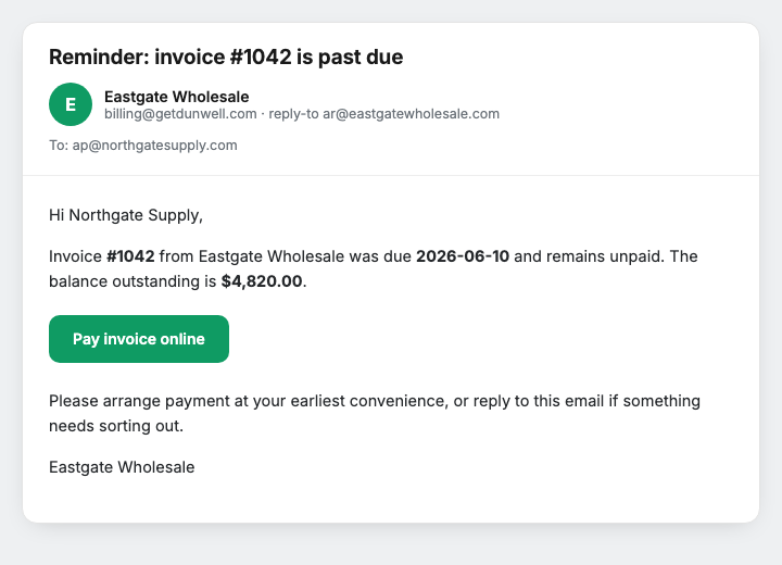 A Dunwell reminder email as the buyer receives it, with a pay-online button